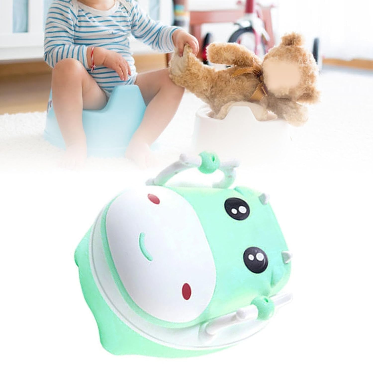 Olita pentru Copii, Kadeny, +1an, Portabila, Design Vacuta cu Capac, Model Prietenos, Non-Toxic, cu Manere, Compartiment Detasabil, Perie Inclusa, Usor de Curatat, Verde