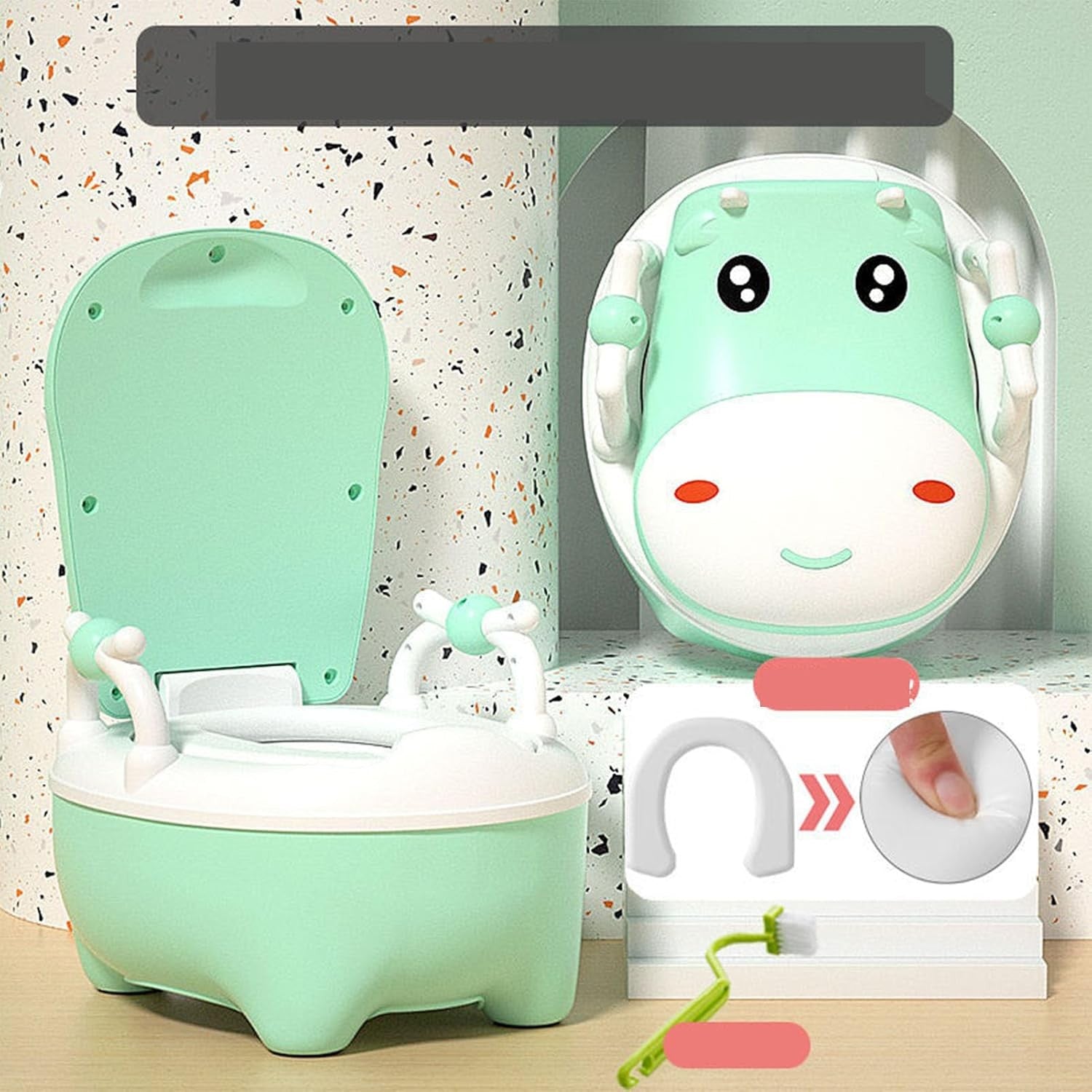 Olita pentru Copii, Kadeny, +1an, Portabila, Design Vacuta cu Capac, Model Prietenos, Non-Toxic, cu Manere, Compartiment Detasabil, Perie Inclusa, Usor de Curatat, Verde