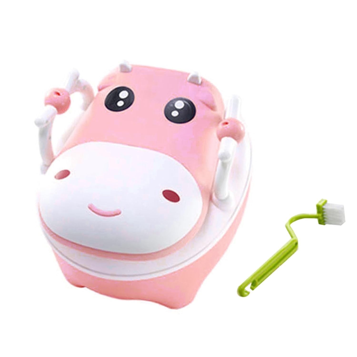 Olita pentru Copii, Kadeny, +1an, Portabila, Design Vacuta cu Capac, Model Prietenos, Non-Toxic, cu Manere, Compartiment Detasabil, Perie Inclusa, Usor de Curatat, Roz