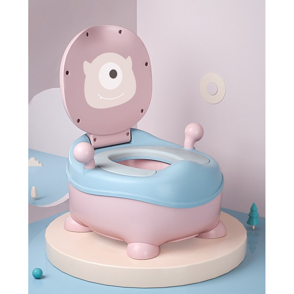 Olita pentru Copii, Kadeny, +6 luni, Compartiment Detasabil, cu Capac, Antiderapanta, din Plastic, Colac Moale, Model Animat Ciclop, cu Maner, 33 x 21 x 45 cm, Albastru/Roz