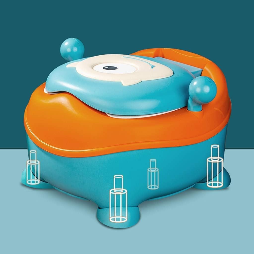 Olita pentru Copii, Kadeny, +6 luni, Compartiment Detasabil, cu Capac, Antiderapanta, din Plastic, Colac Moale, Model Animat Ciclop, cu Maner, 33 x 21 x 45 cm, Albastru/Portocaliu