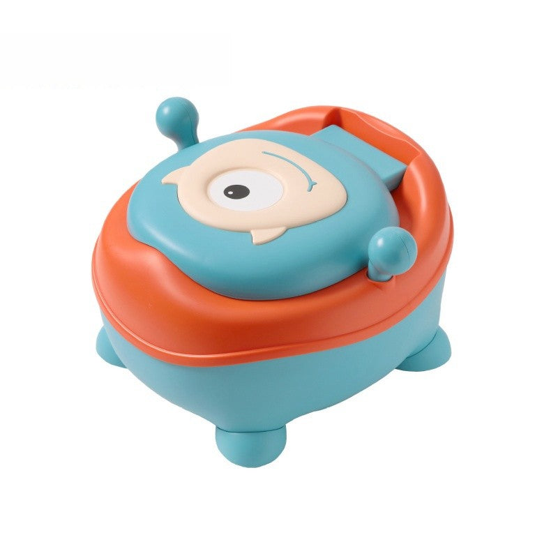 Olita pentru Copii, Kadeny, +6 luni, Compartiment Detasabil, cu Capac, Antiderapanta, din Plastic, Colac Moale, Model Animat Ciclop, cu Maner, 33 x 21 x 45 cm, Albastru/Portocaliu