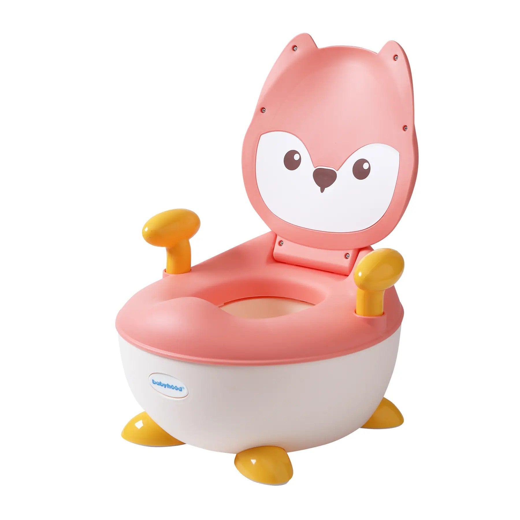 Olita pentru Copii, Kadeny, +6 luni, Compartiment Detasabil, cu Capac, Antiderapanta, din Plastic, Colac Moale, Model Animat Vulpe, cu Maner, 34.5 x 35 x 23 cm, Roz/Alb