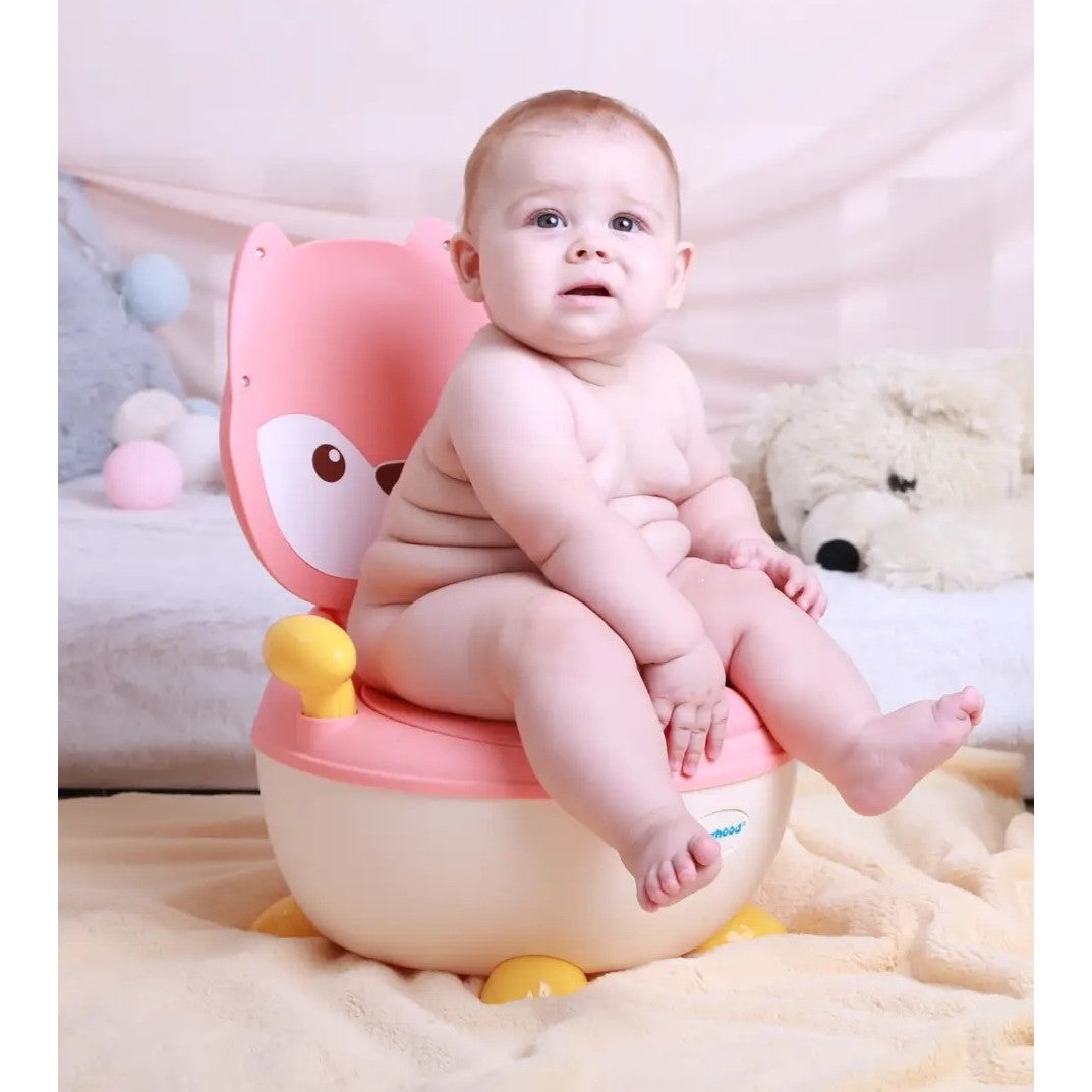 Olita pentru Copii, Kadeny, +6 luni, Compartiment Detasabil, cu Capac, Antiderapanta, din Plastic, Colac Moale, Model Animat Vulpe, cu Maner, 34.5 x 35 x 23 cm, Roz/Alb