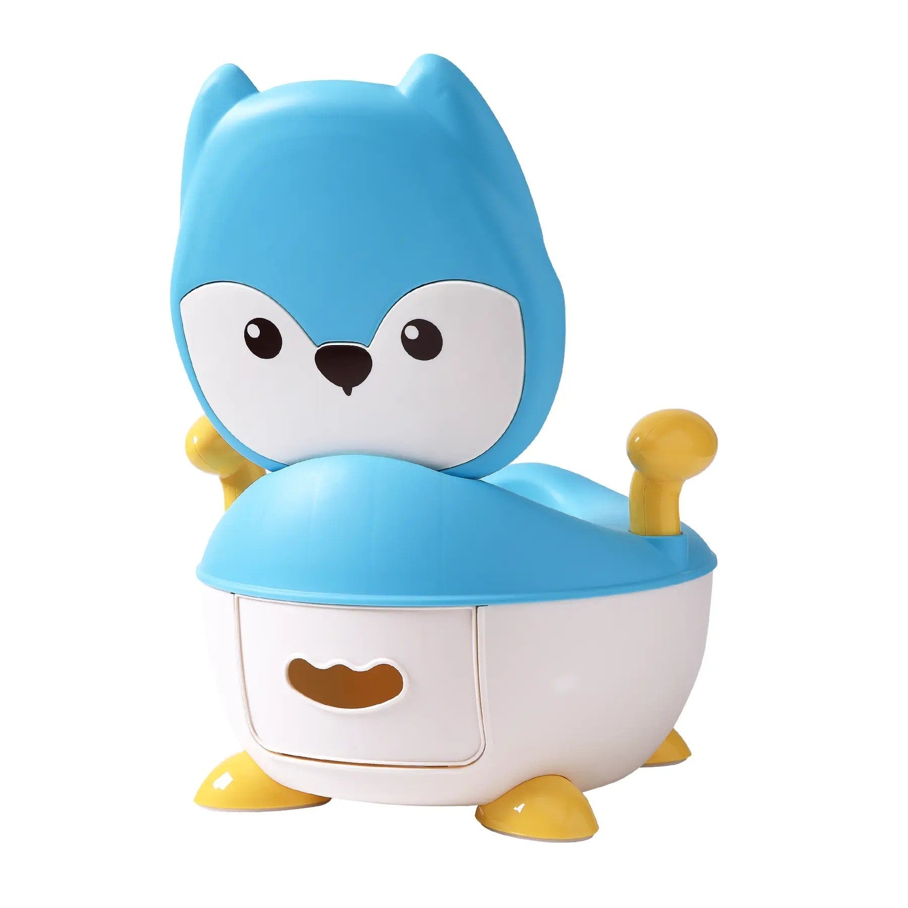 Olita pentru Copii, Kadeny, +6 luni, Compartiment Detasabil, cu Capac, Antiderapanta, din Plastic, Colac Moale, Model Animat Vulpe, cu Maner, 34.5 x 35 x 23 cm, Albastru/Alb