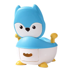 Olita pentru Copii, Kadeny, +6 luni, Compartiment Detasabil, cu Capac, Antiderapanta, din Plastic, Colac Moale, Model Animat Vulpe, cu Maner, 34.5 x 35 x 23 cm, Albastru/Alb