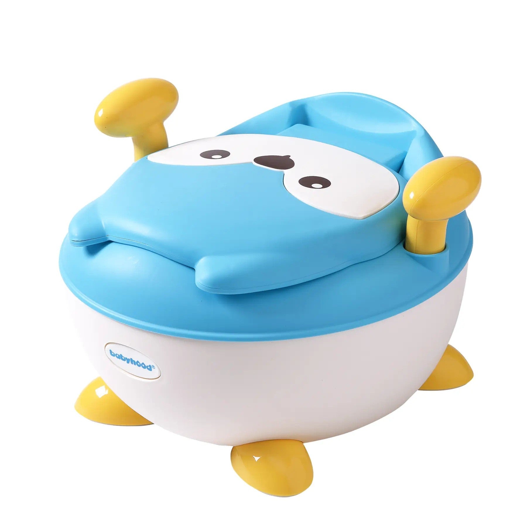 Olita pentru Copii, Kadeny, +6 luni, Compartiment Detasabil, cu Capac, Antiderapanta, din Plastic, Colac Moale, Model Animat Vulpe, cu Maner, 34.5 x 35 x 23 cm, Albastru/Alb