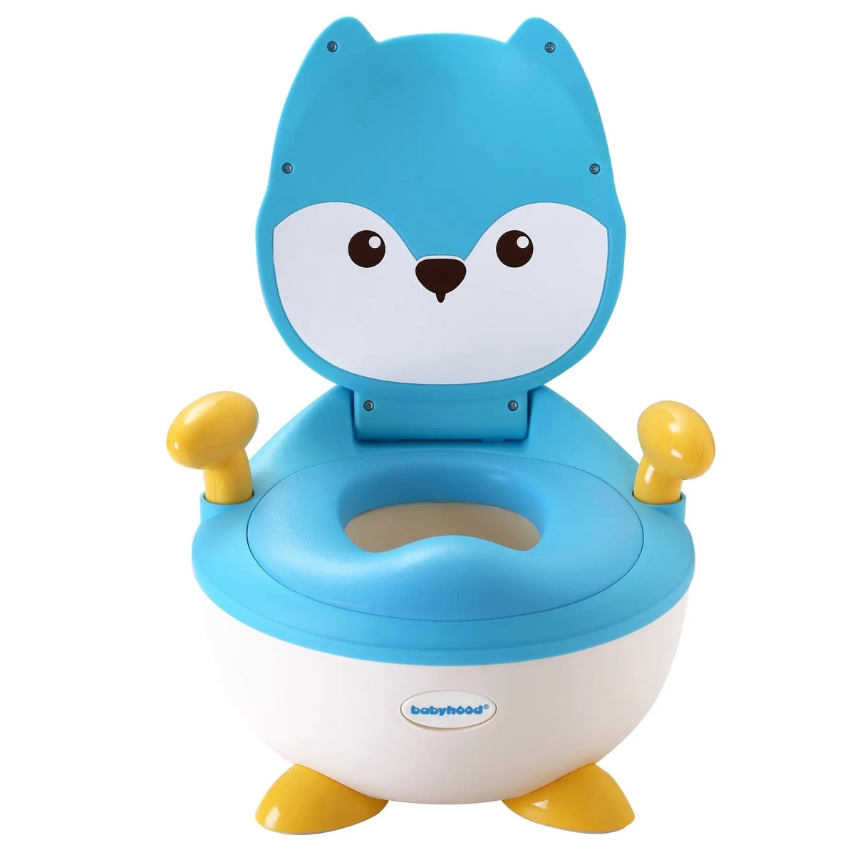 Olita pentru Copii, Kadeny, +6 luni, Compartiment Detasabil, cu Capac, Antiderapanta, din Plastic, Colac Moale, Model Animat Vulpe, cu Maner, 34.5 x 35 x 23 cm, Albastru/Alb