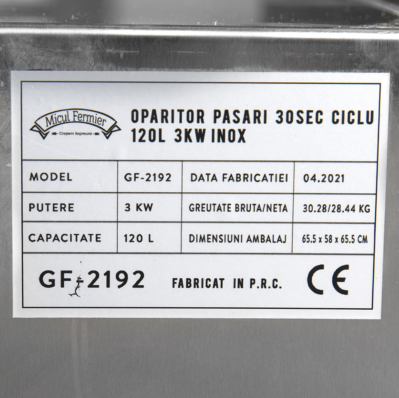 Oparitor pasari 30 sec ciclu 120L 3kW Inox
