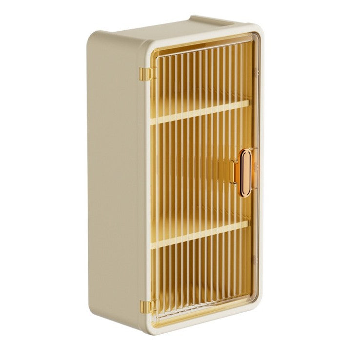 Organizator Cosmetice, Kadeny, Montare pe Perete fara Perforare, 36.5x10.9x20 cm, cu 3 Rafturi, din PP si ABS, Bej, Usa Transparenta