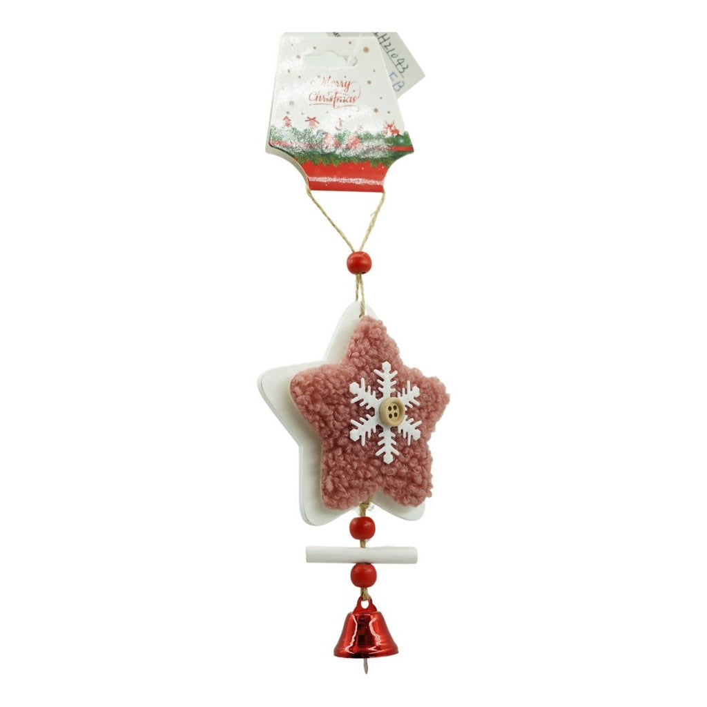 Ornament de brad broderie cu stea, Kaveny, roz, lemn, 18 cm