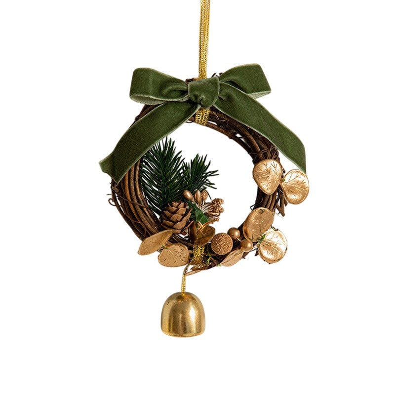 Ornament de Brad, Kadeny, tip Coronita de Craciun cu 1 Clopotel cu Flori Aurii si Conuri de Brad, Panglica Verde de Velvet, 14 x 10 cm, Verde