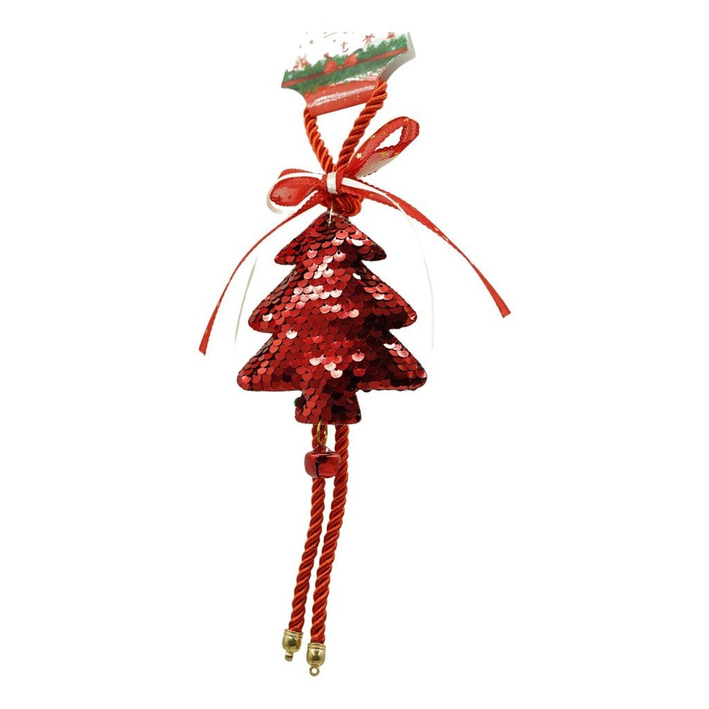 Ornament de brad pom de craciun cu paiete, Kaveny, rosu, lemn, 25 cm