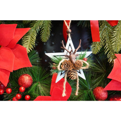 Ornament de brad stea cu cerb, Kaveny, multicolor, lemn, 15 cm