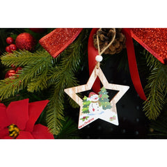 Ornament de brad stea cu om de zapada, Kadeny, multicolor, lemn, 9.9 cm