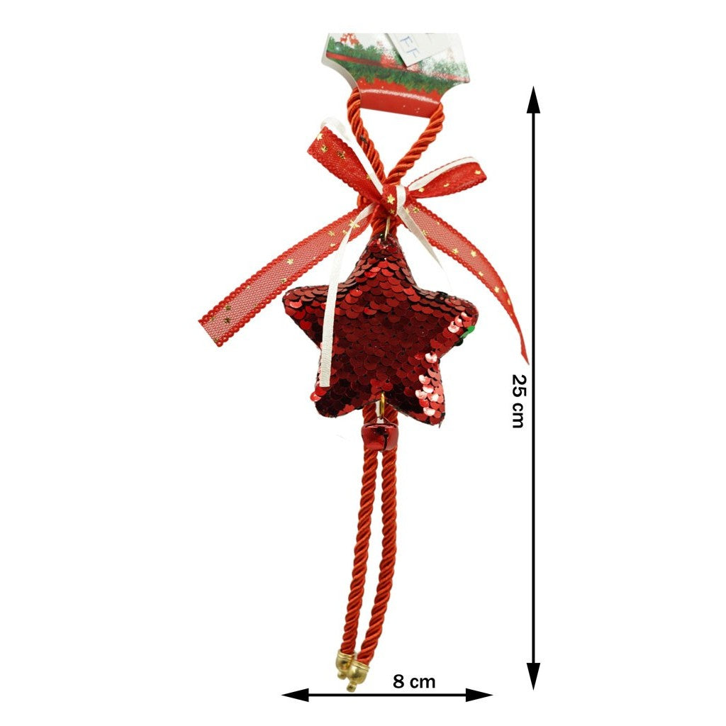 Ornament de brad stea cu paiete, Kaveny, rosu, lemn, 25 cm