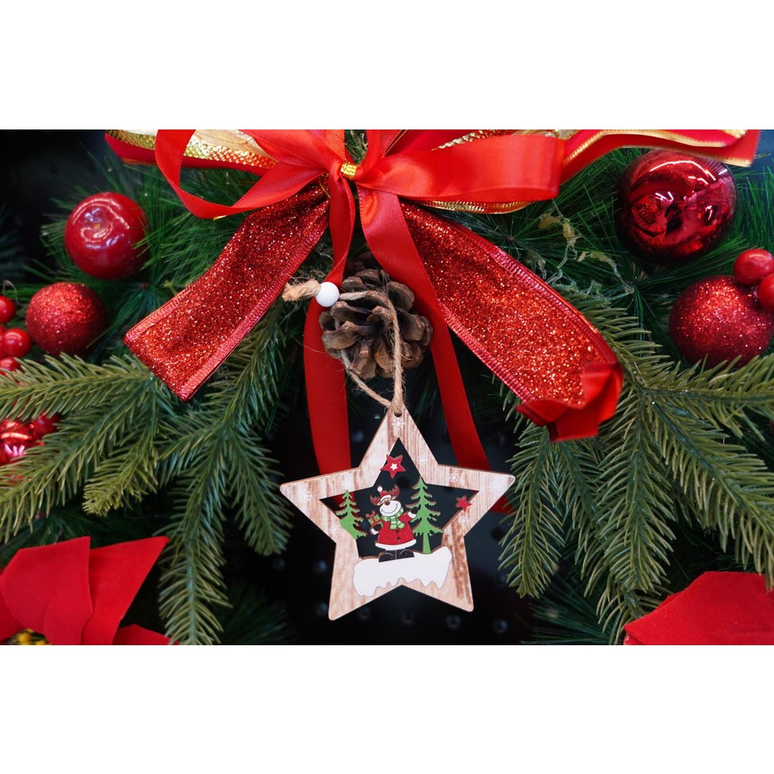 Ornament de brad stea cu ren, Kadeny, multicolor, lemn, 9.9 cm