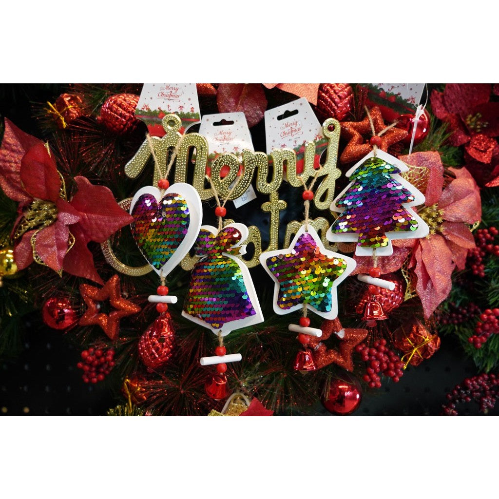 Ornament de brad stea din paiete, Kaveny, multicolor, lemn, 18 cm