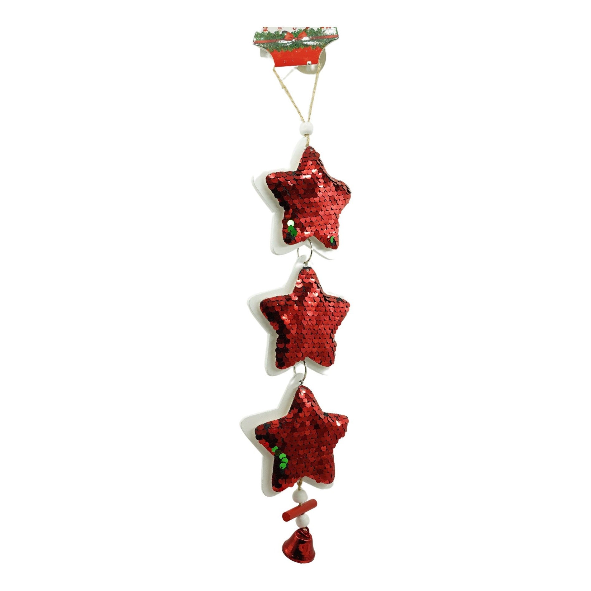 Ornament de brad trei stele cu paiete, Kaveny, rosu, lemn, 36 cm