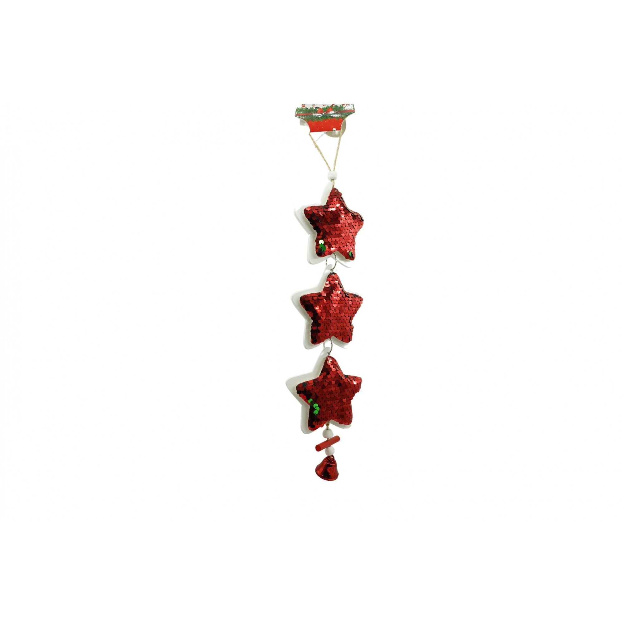 Ornament de brad trei stele cu paiete, Kaveny, rosu, lemn, 36 cm