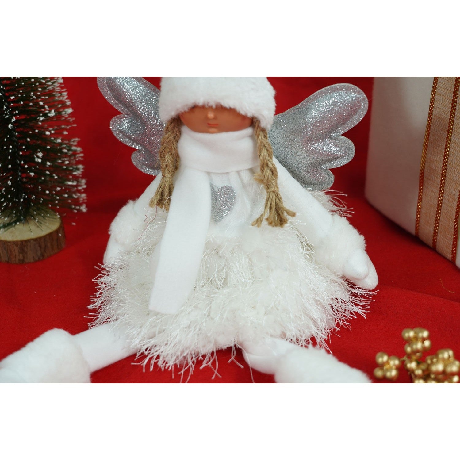 Ornament de Craciun ingeras, Kadeny, alb/gri, textil, 51 cm