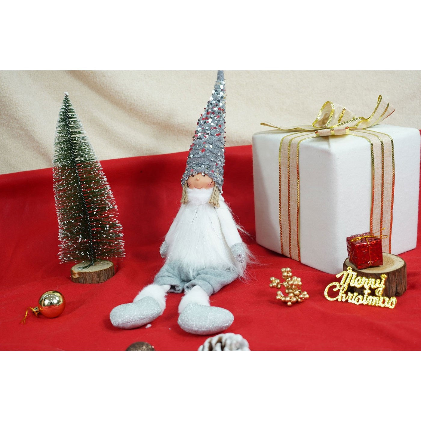 Ornament de Craciun ingeras, Kadeny, alb/gri, textil, 58 cm