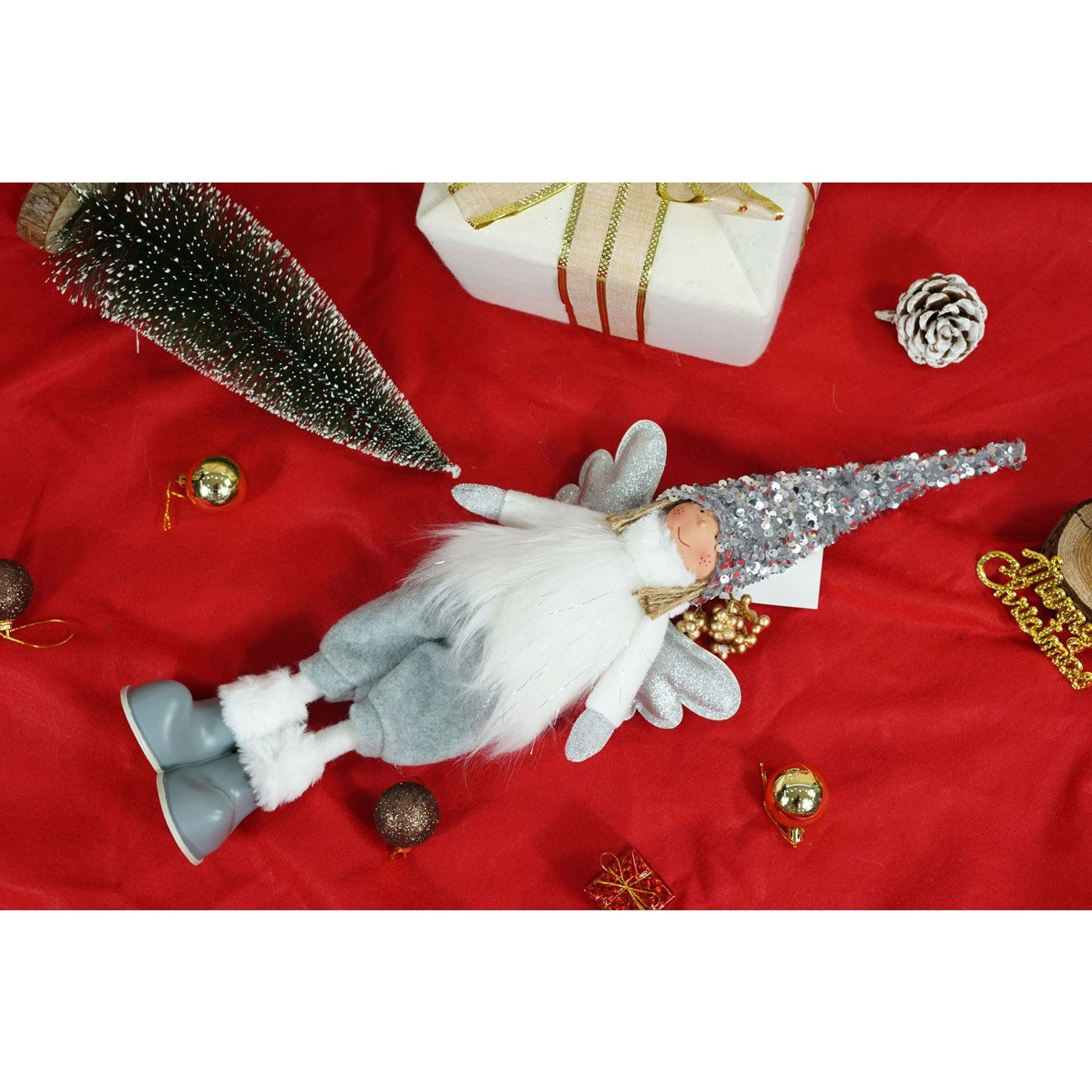 Ornament de Craciun ingeras model 2, Kadeny, alb/gri, textil, 53 cm