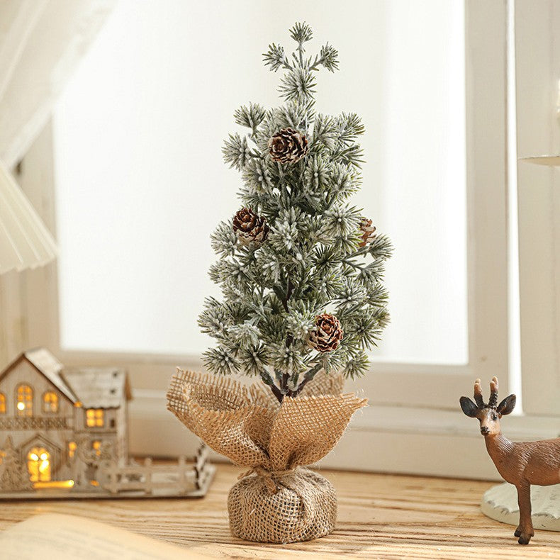 Decoratiune Craciun pentru Masa, Kadeny, Ornament de Decor Model Brad de Craciun de Dimensiuni Mici cu Fulgi Albi, pentru Birou si Interior, din Plastic Calitativ 27 cm, Verde Alb