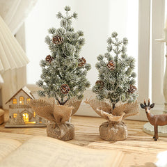 Decoratiune Craciun pentru Masa, Kadeny, Ornament de Decor Model Brad de Craciun de Dimensiuni Mici cu Fulgi Albi, pentru Birou si Interior, din Plastic Calitativ 27 cm, Verde Alb