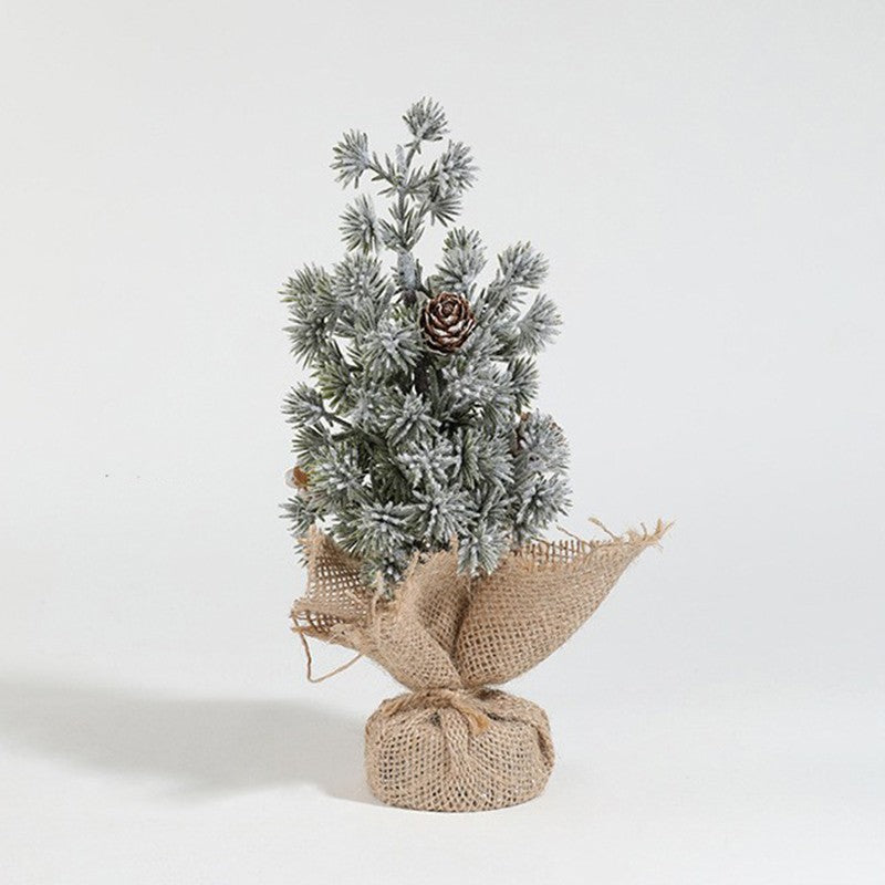 Decoratiune Craciun pentru Masa, Kadeny, Ornament de Decor Model Brad de Craciun de Dimensiuni Mici cu Fulgi Albi, pentru Birou si Interior, din Plastic Calitativ 20 cm, Verde Alb