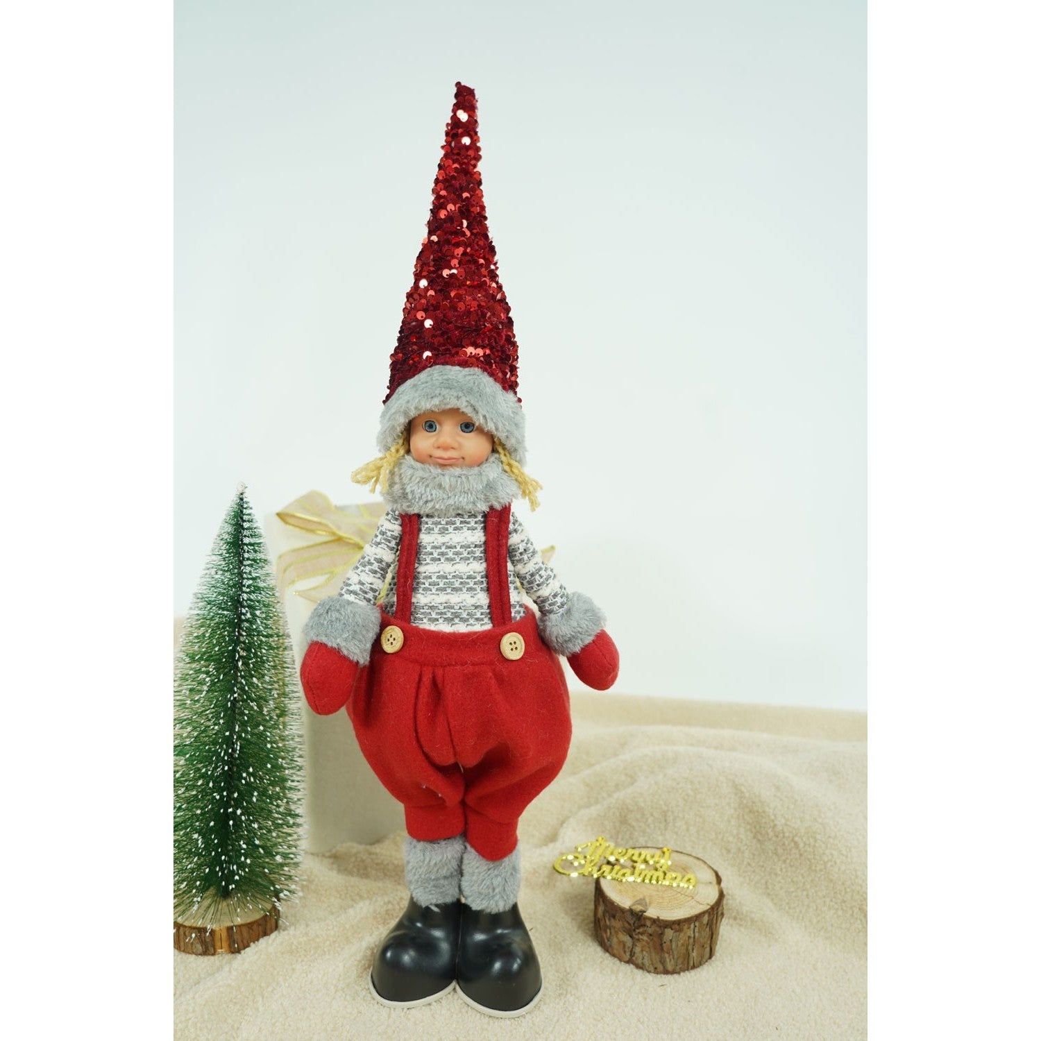 Ornament de Craciun papusa, Kadeny, rosu/gri, textil, 58 cm