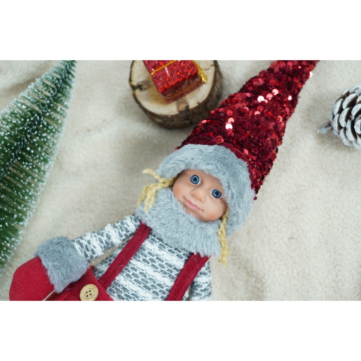 Ornament de Craciun papusa, Kadeny, rosu/gri, textil, 58 cm