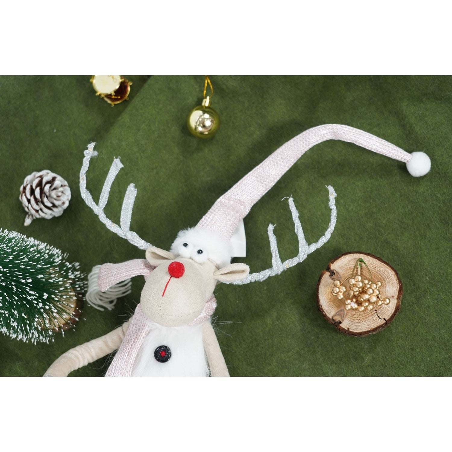 Ornament de Craciun ren cu picioare telescopice, Kadeny, gri/alb, textil, 100 cm