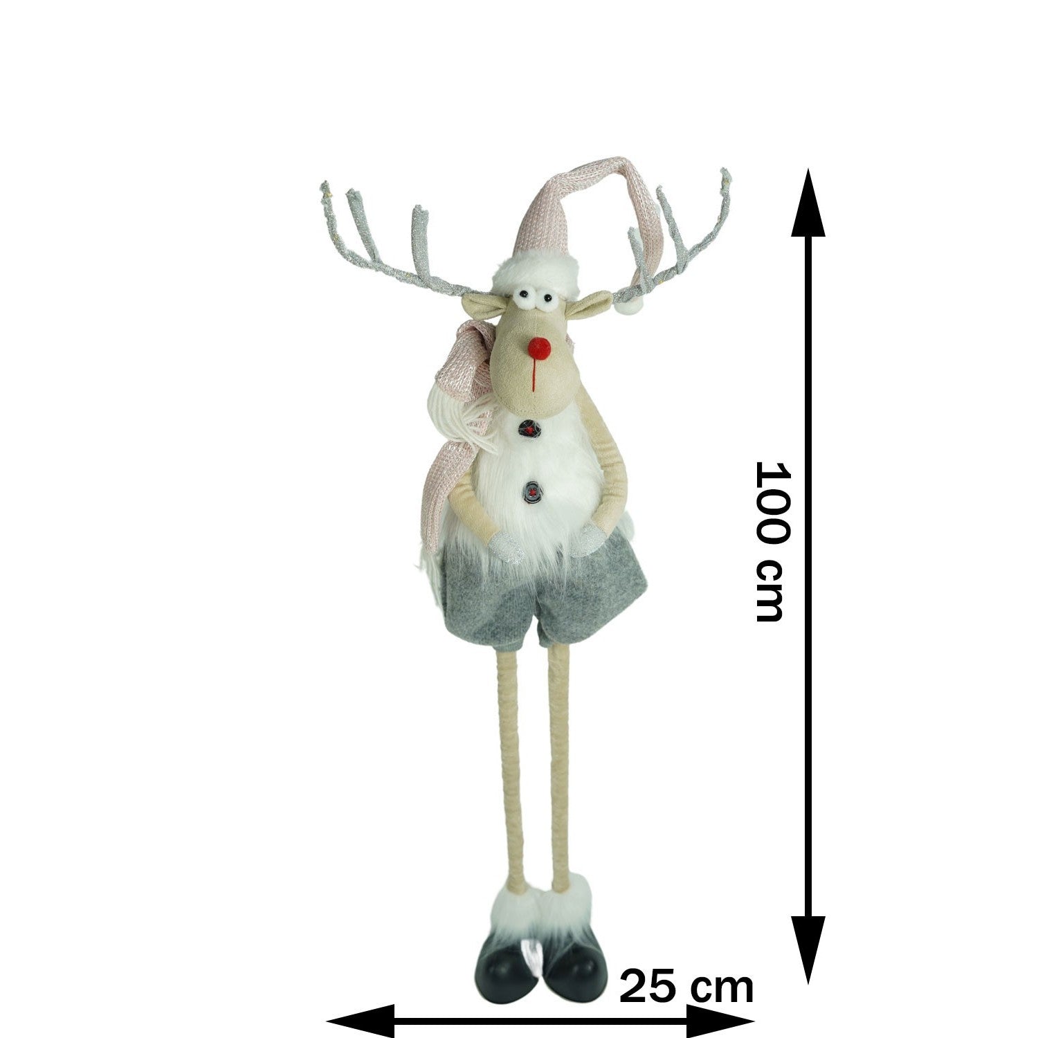 Ornament de Craciun ren cu picioare telescopice, Kadeny, gri/alb, textil, 100 cm