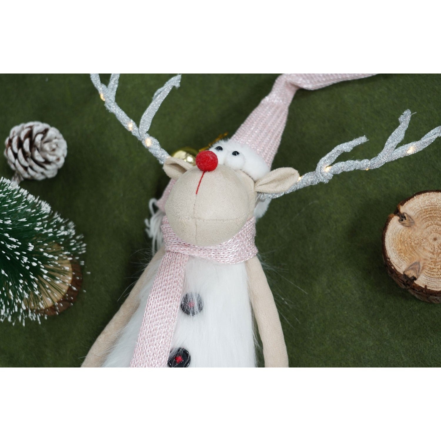 Ornament de Craciun ren cu picioare telescopice, Kadeny, roz/alb, textil, 72 cm