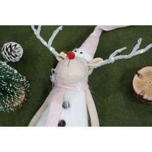 Ornament de Craciun ren cu picioare telescopice, Kadeny, roz/alb, textil, 72 cm