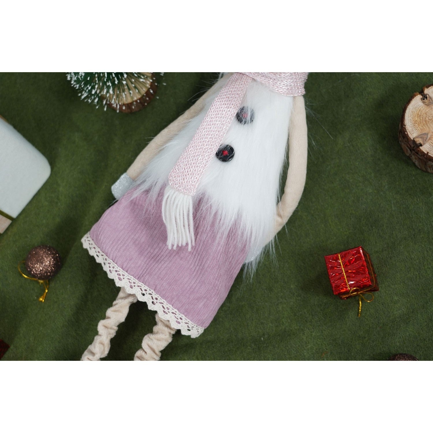 Ornament de Craciun ren cu picioare telescopice, Kadeny, roz/alb, textil, 72 cm