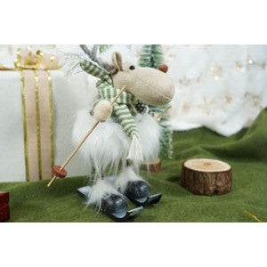 Ornament de Craciun ren pe schiuri, Kadeny, alb/verde, textil, 33 cm