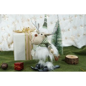 Ornament de Craciun ren pe schiuri model 2, Kadeny, alb/verde, textil, 33 cm