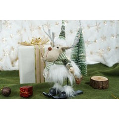 Ornament de Craciun ren pe schiuri model 2, Kadeny, alb/verde, textil, 33 cm