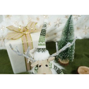 Ornament de Craciun ren pe schiuri model 2, Kadeny, alb/verde, textil, 33 cm