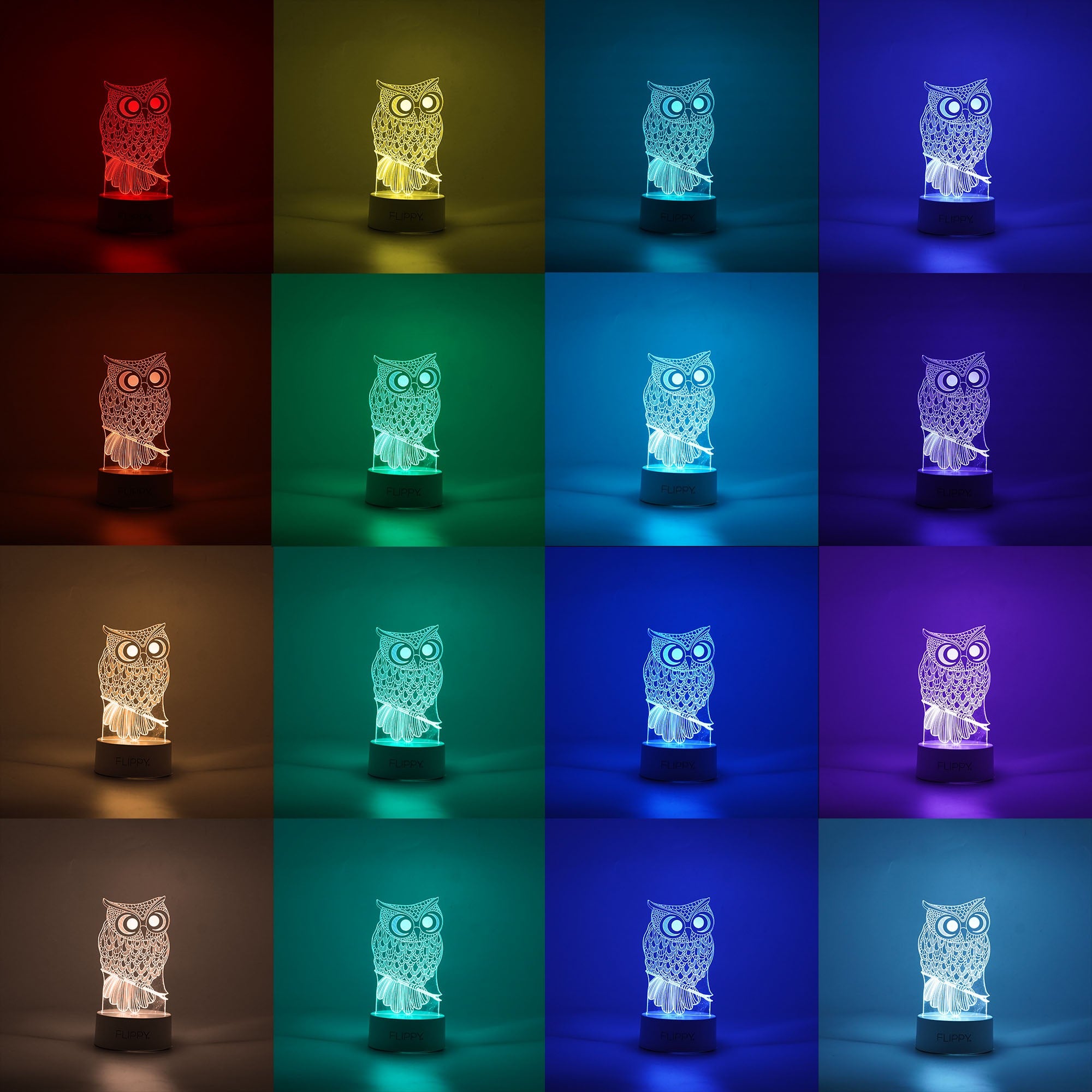 Lampa LED decorativa, Kaveny, 3D, Bufnita, cu USB si baterii, 20 cm inaltime, din material acril, lumina multicolora si telecomanda inclusa, alb