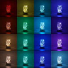 Lampa LED decorativa, Kaveny, 3D, Bufnita, cu USB si baterii, 20 cm inaltime, din material acril, lumina multicolora si telecomanda inclusa, alb