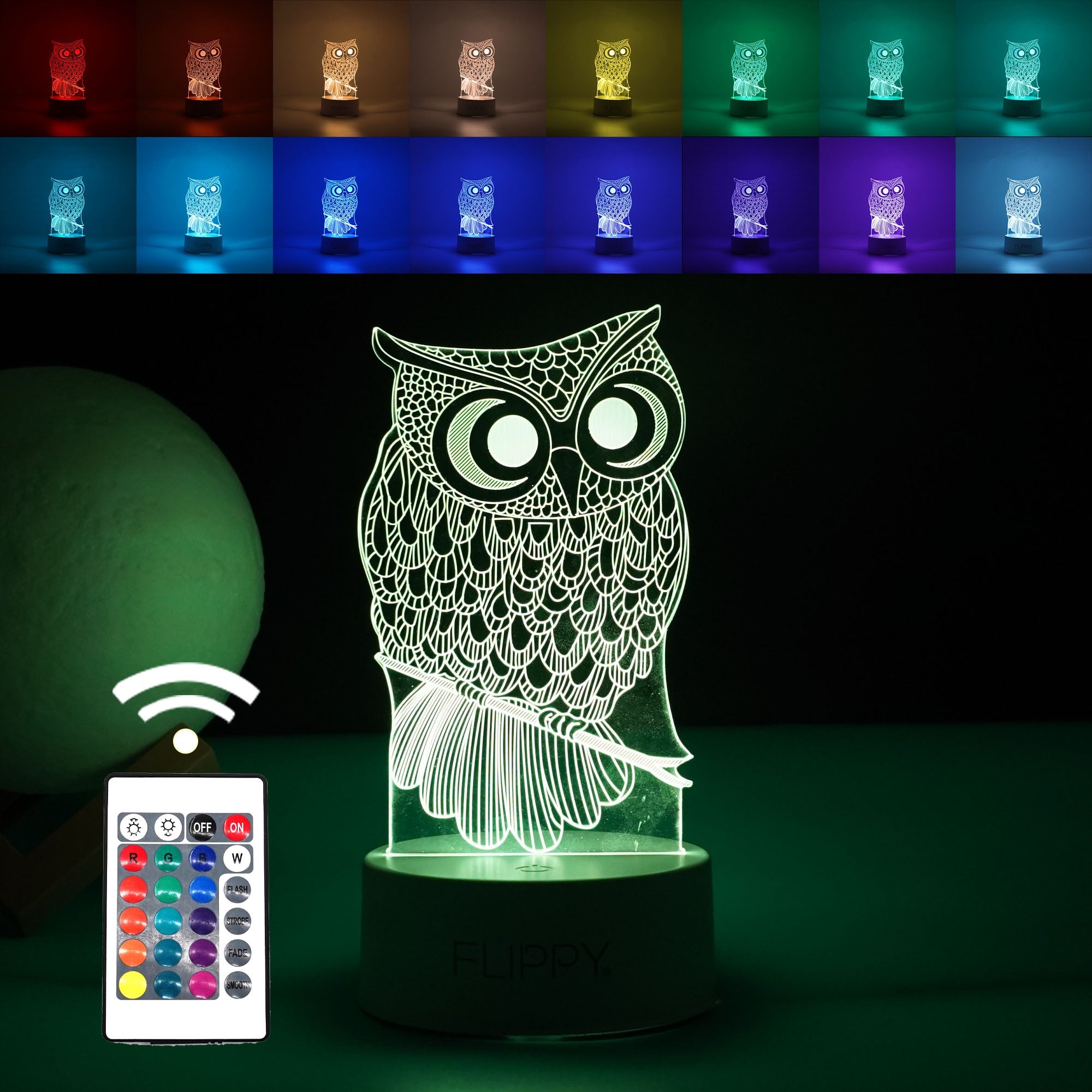 Lampa LED decorativa, Kaveny, 3D, Bufnita, cu USB si baterii, 20 cm inaltime, din material acril, lumina multicolora si telecomanda inclusa, alb