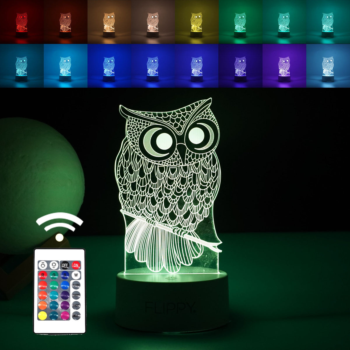 Lampa LED decorativa, Kaveny, 3D, Bufnita, cu USB si baterii, 20 cm inaltime, din material acril, lumina multicolora si telecomanda inclusa, alb