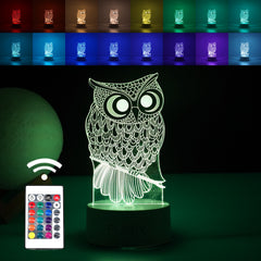 Lampa LED decorativa, Kaveny, 3D, Bufnita, cu USB si baterii, 20 cm inaltime, din material acril, lumina multicolora si telecomanda inclusa, alb