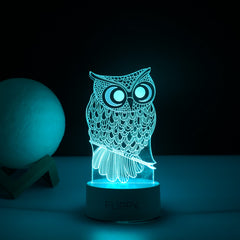 Lampa LED decorativa, Kaveny, 3D, Bufnita, cu USB si baterii, 20 cm inaltime, din material acril, lumina multicolora si telecomanda inclusa, alb