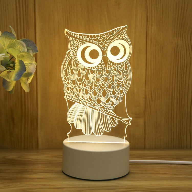 Lampa LED decorativa, Kaveny, 3D, Bufnita, cu USB si baterii, 20 cm inaltime, din material acril, lumina multicolora si telecomanda inclusa, alb