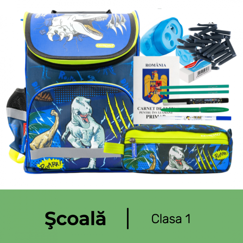 Pachet rechizite scoala clasa 1, Ghiozdan echipat de baza, baiat, 11 piese
