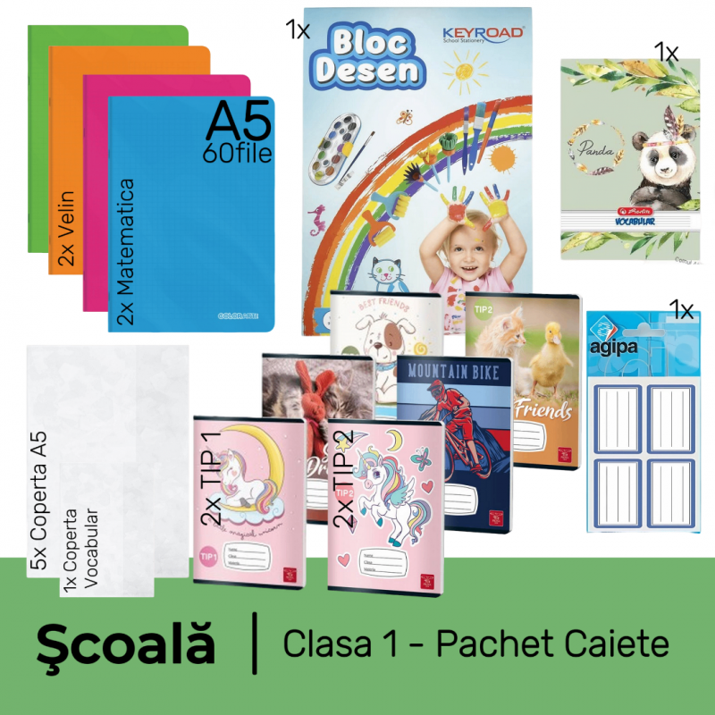 Pachet rechizite scoala clasa 1, PACHET CAIETE, fata/baiat, 17 piese